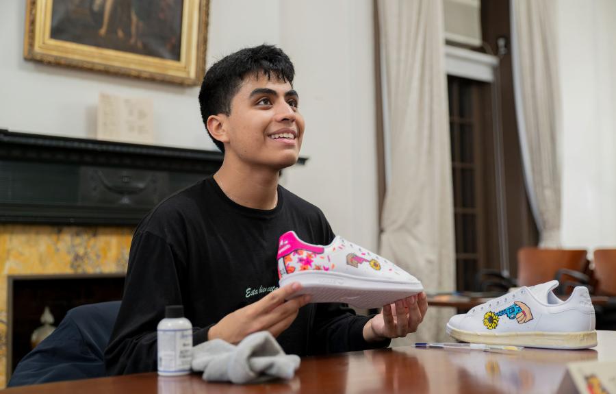 Milstein student with painted sneaker art.  
