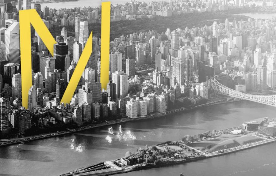 Milstein Program Yellow M Logo standing tall in Black and White NYC landscape overlooking Cornell Tech on Roosevelt Island