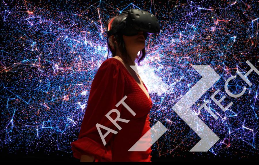 woman wearing VR headset with lights explosion in background