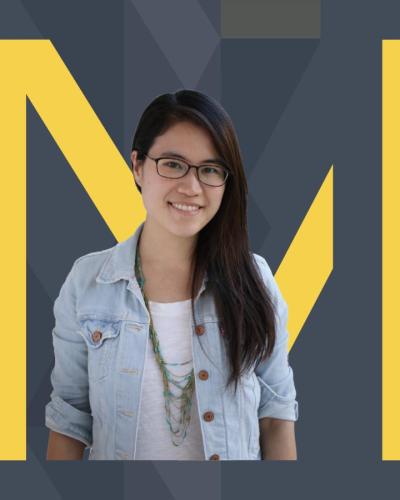 Prof. Cindy Hsin-Liu Kao in front of Milstein M Logo