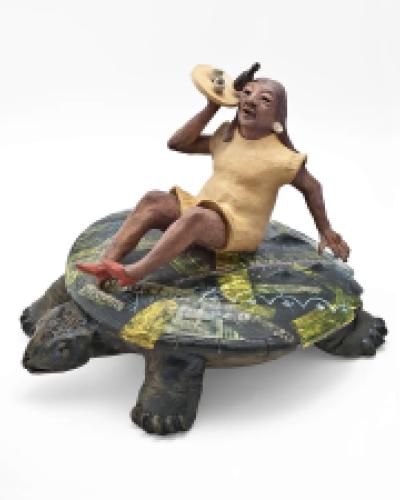 Haudenosaunee Ceramic Sculpture of Native Riding Turtle