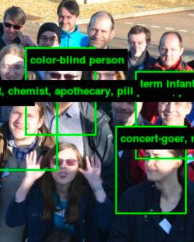 ai classification, green boxes around peoples faces with image descriptions like "chemist"