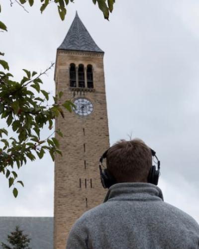 Photo of Milstein Student, Jasper Weed recoring the chimes